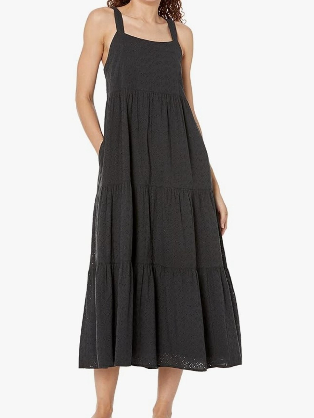 The Drop Britt Black Cotton Eyelet Tiered Midi Dress